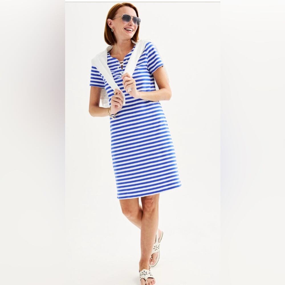NEW Woman’s Croft & Barrows Knit Lace-Up Neck T-Shirt Blue/White Striped Dress S